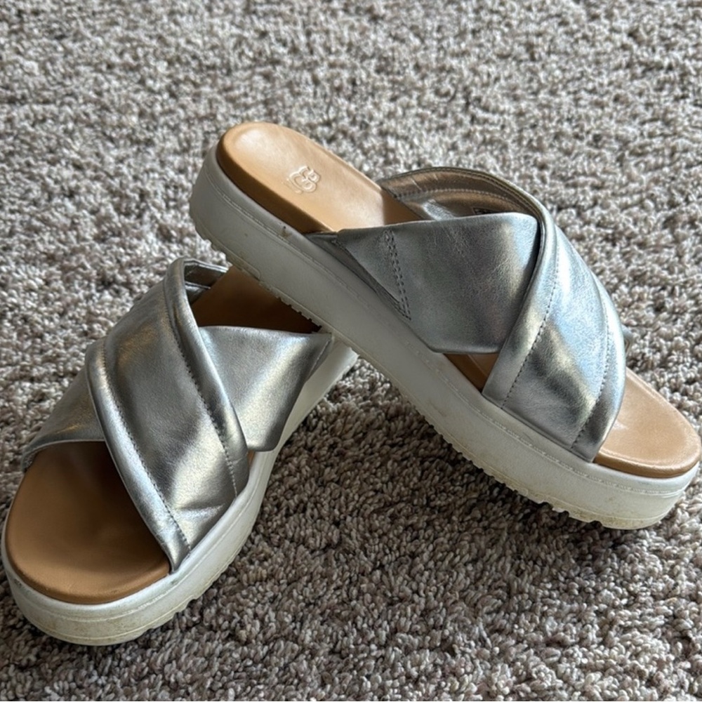 UGG Silver Tan Platform Sandals with Twisted Straps